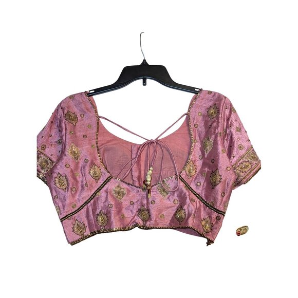 Pink & Cream Embroidered Lehenga Choli Set With Beaded Details & Tie-Back Design - Picture 3 of 8